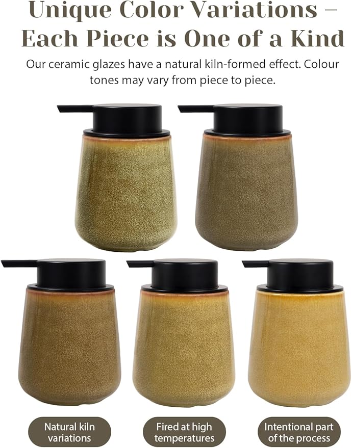 INGOFIN Ceramic Foaming Soap Dispenser - 12 oz Refillable Foam Hand Soap Dispenser Bathroom, Modern Dish Dispenser Pump for Kitchen,Kiln-Glazed Earthy Greenish-Brown