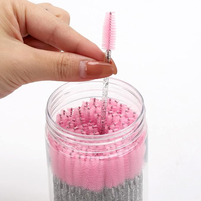 100 Pcs Disposable Eyelash Brush, Mascara Wands Makeup Brushes Applicators Kits for Eyelash Extensions, Eyebrow Brush with Container (Pink, Black)