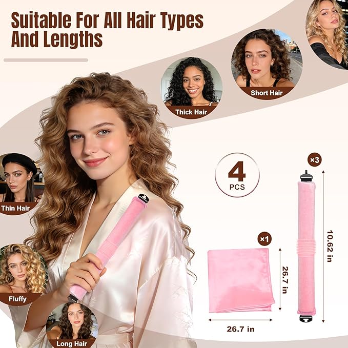 TULOBI 3 Pcs Heatless Curls Overnight - Upgraded Velvet Heatless Hair Curler with Velcro Fastener, Overnight Jumbo Blowout Rods, Hair Curlers to Sleep in for All Hair Types (Pink)