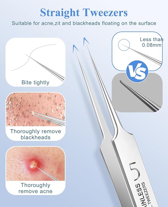 3PCS Blackhead Remover Tweezers, Pimple Popper Tool Kit with 2 Blackhead Extractor and 1 Ingrown Black Hair Tweezers for Blemish, Whitehead Popping,Facial Hair