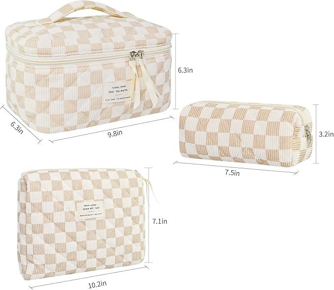 3Pcs Makeup Bag Cotton Quilted Travel Cosmetic Bag Cute Floral Makeup Pouch Large Toiletry Bag for Women Girls