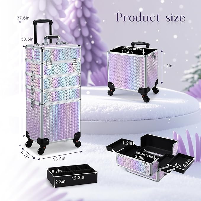 Stagiant Rolling Makeup Case Cosmetology Case on Wheels 4 in 1 Makeup Travel Case Extra Large Cosmetic Box with Key Make Up Artist Traveling Storage Nail Case Salon Barber Cart Trunk Pinkish Purple
