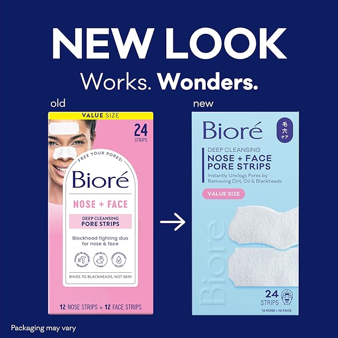 Bioré Nose+Face Blackhead Remover Strips, Deep Cleansing Strips for Nose, Chin, or Forehead, Instant Blackhead Removal and Pore Unclogging, Oil-free, Non-Comedogenic Use, Value Size 24 Count