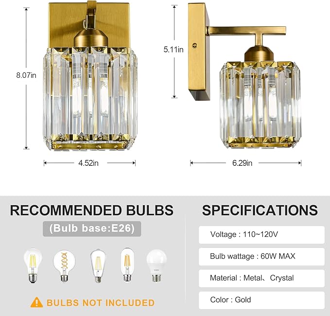 Wall Sconces Crystal Gold Wall Sconce Set of Two Indoor Wall Lamp Modern Wall Light Bathroom Vanity Light Fixtures Wall Lighting Wall Mounted Room Sconce