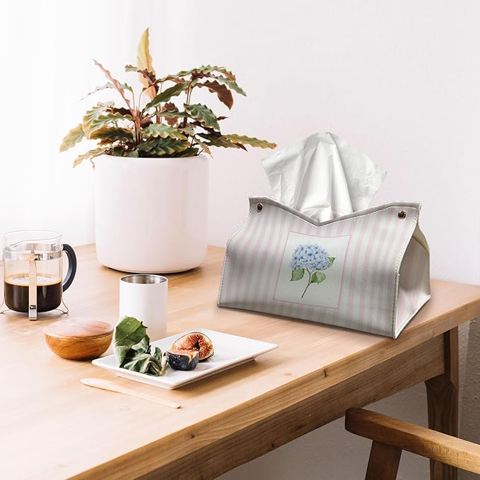 Pink Blue Hydrangea Tissue Box Cover Rectangle, Blue Flroal Tissue Box Holder Leather Facial Paper Case Large, Blue Spring Decorative Organizer Holder for Kitchen Bathroom Home 9.8x5.9x5.9