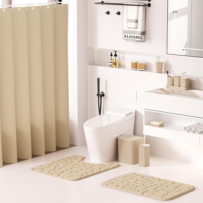 Bathroom Accessories Set - 25PC Bathroom Sets with Shower Curtain and Rugs, Beige Bathroom Set with Trash Can, Soap Dispenser, Soap Dish & Toilet Brush
