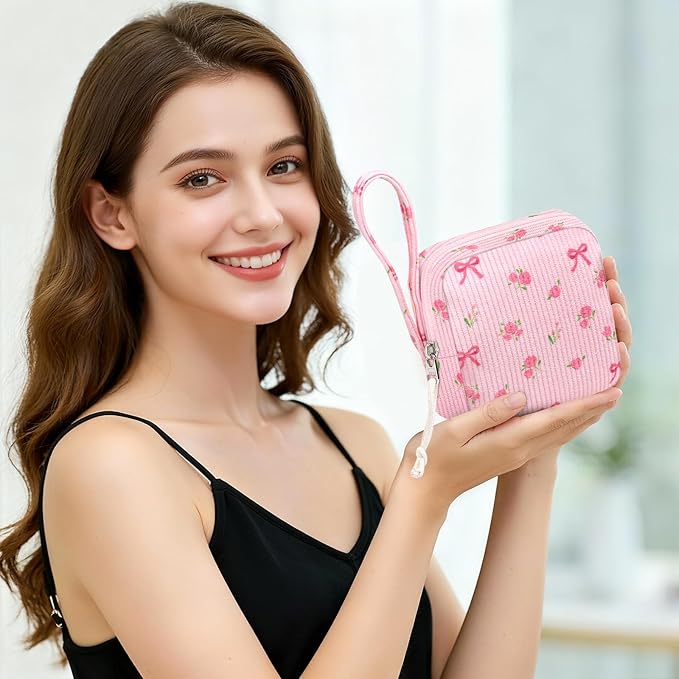 Small Makeup Bag | Discreet Period Bag Pad Pouch for Purse| Sanitary Napkin Storage & Tampon Holder for Travel(Flower bow pink)