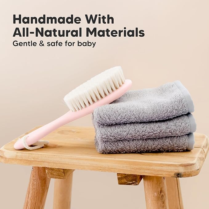 Wooden Baby Hair Brush - Cradle Cap Baby Brush with Soft Goat Bristles, Perfect Gentle Scalp Newborn Comb for Infant, Girls, Boys, Bath Essentials (Blush, Regular)
