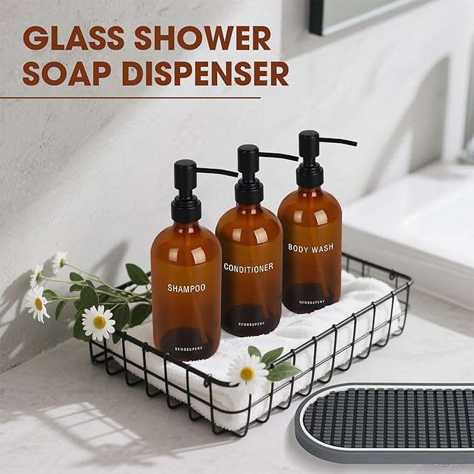 Glass Shampoo and Conditioner Dispenser-Shower Soap Dispenser for Bathroom-16.9 fl oz Set of 3 Refillable Glass Bottles with Pump and Labels-Shampoo Dispenser for Shower(Amber)
