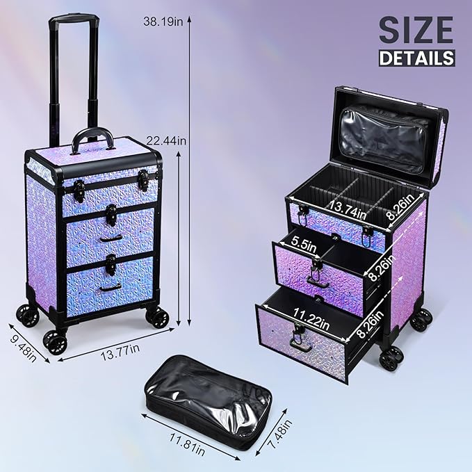 Adazzo Professional Rolling Makeup Train Case with Drawers, Large Cosmetic Trolley with Locks, Cosmetics Storage Organizer Make up Case for Travel Makeup/Nail Art/Hair Styling, Shiny Pink