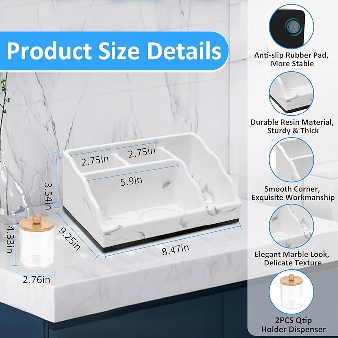 Bathroom Counter Organizer, White Marble Toothbrush Holders for Bathrooms with 2PCS Qtip Holder, Bathroom Organizer Countertop Toothbrush and Toothpaste Holder for Makeup Organizer for Vanity