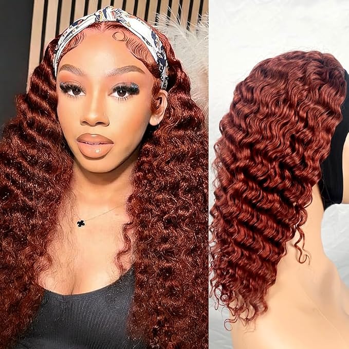 XSY Deep Wave Headband Wig Human Hair Reddish Brown #33 Red Colored Glueless None Lace Front Wig Brazilian Virgin Human Hair Half Wigs for Black Women 20 Inch