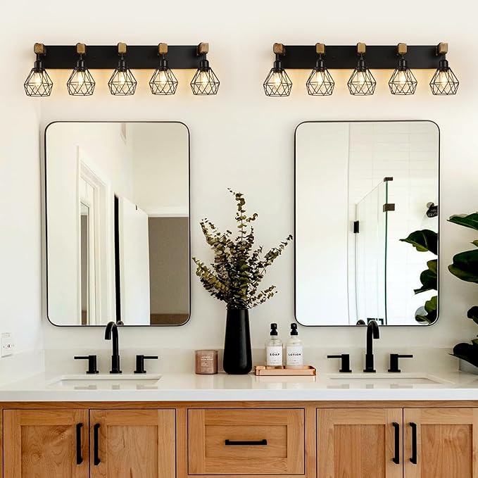 5-Light Farmhouse Bathroom Vanity Light Fixtures, Wood Bathroom Light Fixtures Over Mirror, Rustic Sconces Wall Lighting with Elegant Metal Lampshade for Living Room, Bedroom, Hallway