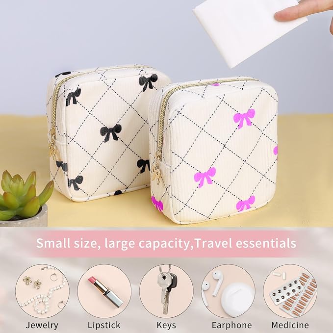 Period Bag for Women - Cute Corduroy Sanitary Napkin Storage Bag with Bow Design | Period Pouch for Daily Use, Travel | Discreet Menstrual Pouch | Pad Bags for Period Holds Pads, Tampons