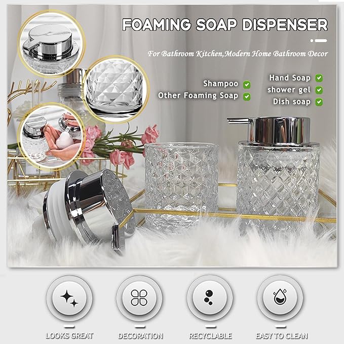 Glass Hand Foaming Soap Dispensers with Silver Pump Refillable Hand Soap Dispenser for Bathroom Kitchen (1Pack-D886)