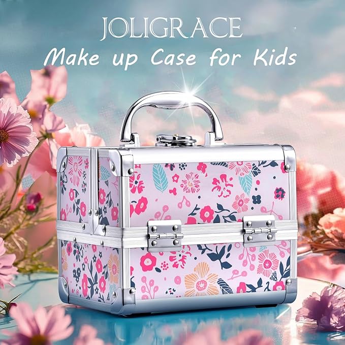 Joligrace Makeup Case for Girls Cosmetic Train Case Makeup Storage Box Jewelry Organizer Hair Accessories Lockable with Trays & Mirror Floral