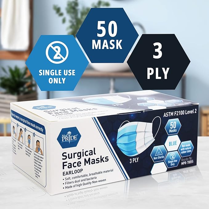 MED PRIDE Blue Medical Masks, Pack of 50 Face Masks, Disposable 3-Ply Earloop Masks, Breathable Non-Woven, Comfortable and Protective for Adults