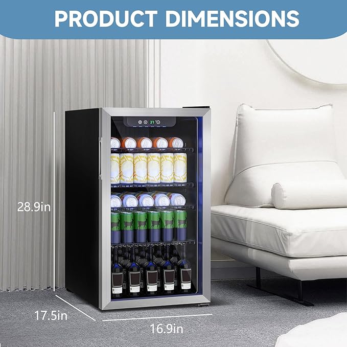 Compact Beverage Refrigerator Cooler, 105 Can/3.0 Cubic Feet Mini Fridge with Glass Front Door, Digital Display Small Refrigerator with Adjustable Shelves for Soda, Beer or Wine