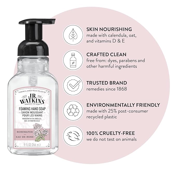 J.R. Watkins Foaming Hand Soap with Pump Dispenser,Moisturizing Foam Hand Wash,Alcohol-Free,Cruelty-Free,eau de rose,9 fl oz,(Pack of 6)