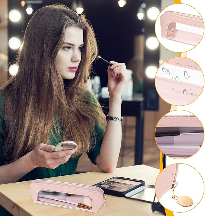 Lusofie Small Clear Makeup Bag, PU Leather Makeup Brush Bag, Portable Clear Make-Up Brush Pouch with Zipper, Multi-use Cosmetic Organizer Bags for Women (Pink)