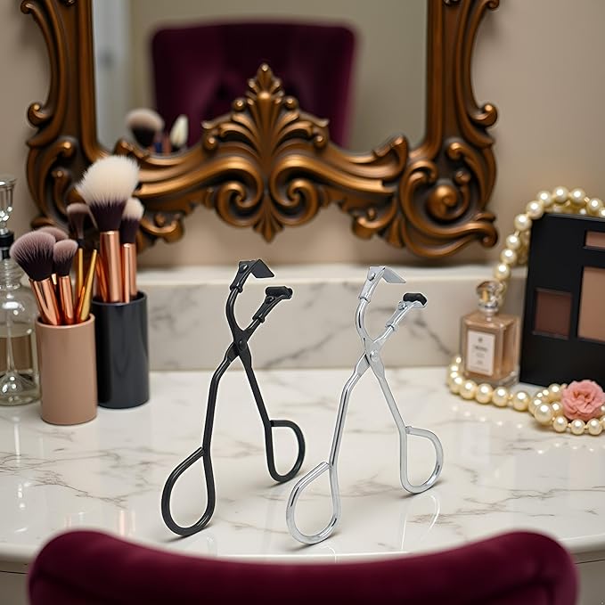 2 Pcs Eyelash Curler with Refill Pads - Mini Lash Curler for All Eyelash Shapes - Professional 2-in-1 Beauty Kit with Precision Tweezers - Stainless Steel Design for Perfect Control (Black+Silver)