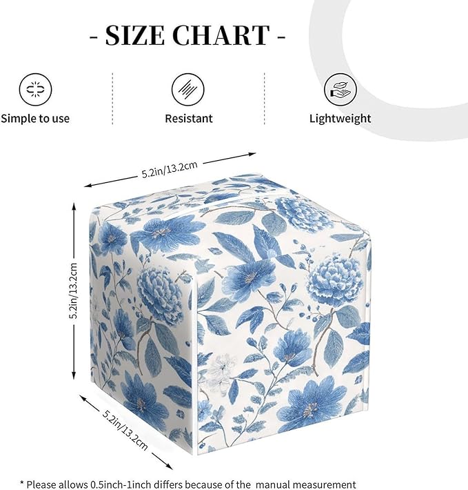 Floral Tissue Box Cover Blue Leather Tissue Box Holder Square Facial Paper Organizer Dispenser for Bathroom Kitchen Bedroom Vanity Countertop Night Stands