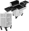 Professional Makeup Case on Wheels with 4 Universal Wheels Rolling Cosmetic Case 13.4 * 9.8 * 18.5in for Salon Travel Silver Mobile Makeup Station with Drawer