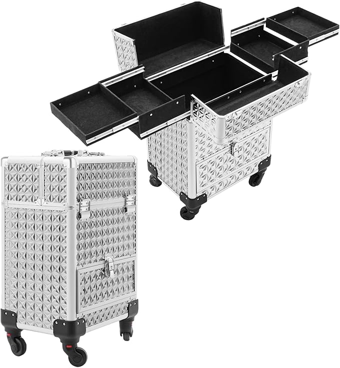 Professional Makeup Case on Wheels with 4 Universal Wheels Rolling Cosmetic Case 13.4 * 9.8 * 18.5in for Salon Travel Silver Mobile Makeup Station with Drawer