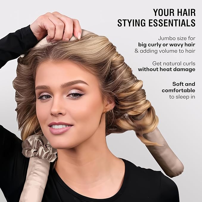 Jumbo Heatless Hair Curler Set-Satin Heatless Curls Overnight, Jumbo Curling Rod Headband, No Heat Curlers To Sleep in (Pink)