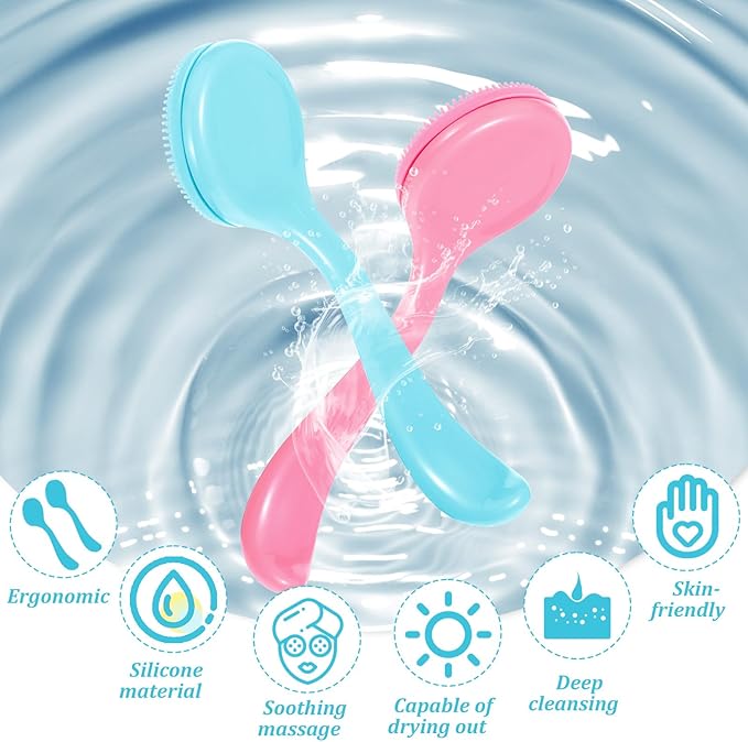 2 Pack Silicone Facial Cleansing Brush, Manual Scrubber for Removing Blackheads, Whiteheads, Skin Friendly Cleansing Soft Brush Exfoliating Massaging Brushes for Men and Women (Blue, Pink)