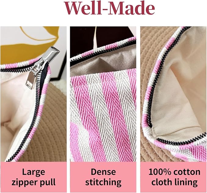 Pink Striped Canvas Makeup Bag, Lightweight Cosmetic Pouch with Large Zipper Pull & Cotton Blend Lining, Travel Toiletry Organizer for Women & Gifts, Skincare Bag Hygiene Pouch Sunscreen Bag