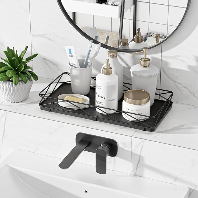 Toilet Paper Basket Holder, 13" Toilet Tank Tray, Wood and Metal Toilet Tray Vanity Organizer Bathroom Tray, Kitchen Sink Organizer for Soap Dispenser (Black)