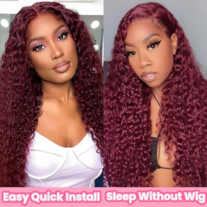 99j Burgundy Deep Wave Lace Front Wigs Human Hair Glueless Wigs Human Hair Pre Plucked Pre Cut 5X5 HD Lace Closure Wigs Curly 180% Density Lace Front Wigs for Black Women 28 Inch