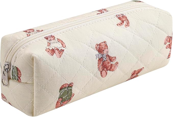 Cute Floral Makeup Brush Bag Small Cotton Quilted Cosmetic Bag for Women Travel Toiletry Zipper Make Up Pouch (Bear)