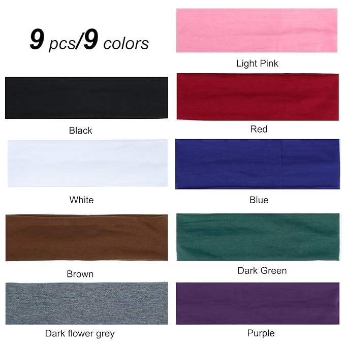 9Pcs Headbands for women Non Slip Headband, Soft Elastic Hair Bands for Women’s Hair, Fashion Cotton Cloth Stretchy Sweat Bands Headbands for Sports, Makeup, Gym, Running, Yoga, Workout (9Colors-C)