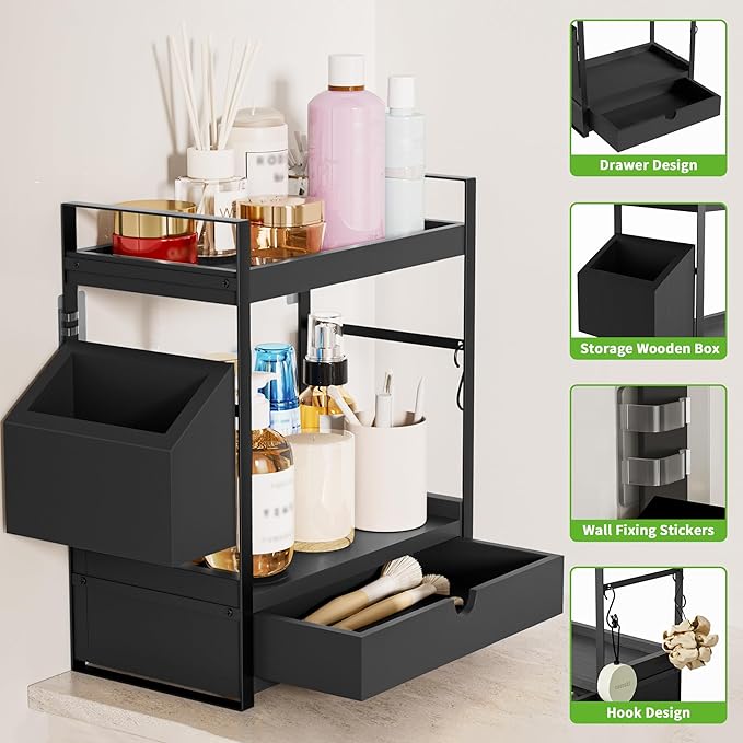 Kottwca Bathroom Counter Organizer with Drawer, 2-Tier Wood Countertop Organizer for Storage, Vanity Skincare Organizers, Bathroom Sink Shelf for Organization (Black)