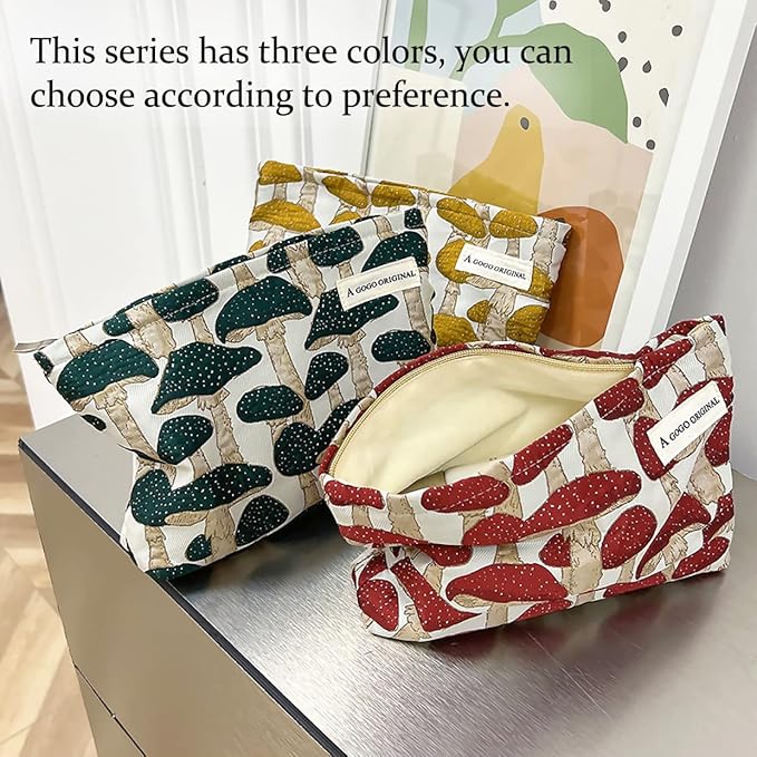STARDW Cute Makeup Bag Aesthetic Cosmetic Bags for Women Girls, Travel Toiletry Bag Large Capacity Zipper Makeup Pouch, Purse Organizer Pouches,Canvas Lining (Yellow Mushroom)