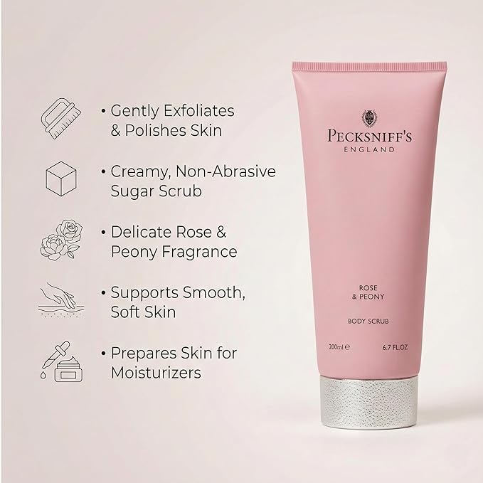 Pecksniff’s Rose and Peony Body Scrub 200ml, Gentle Exfoliating Body Polish with Floral Scent, Creamy Sugar Scrub for Smooth Soft Skin, Shower Exfoliator for Dry Dull Skin, UK Bath and Body