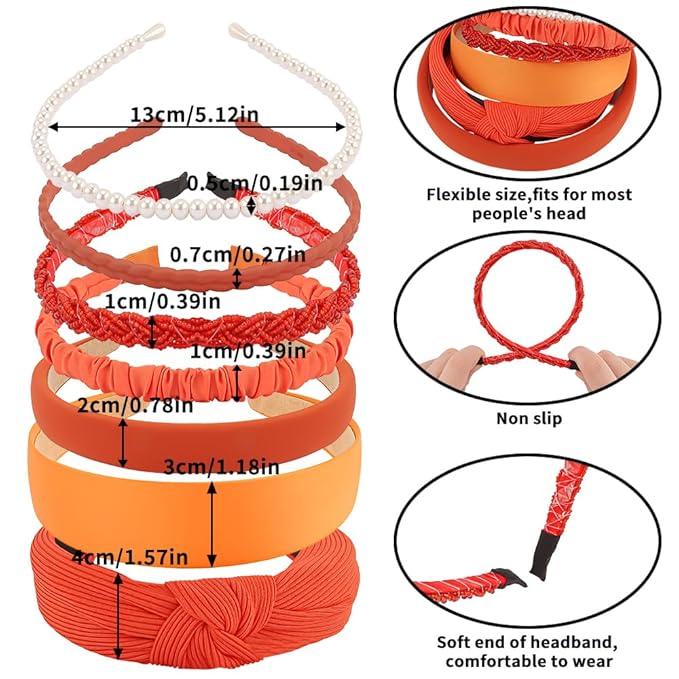 AHONEY 7 Pack Orange Headbands for Women Girls Headbands Non Slip Hairbands Fashion Hair Accessories Multi-style Headband Pack Diademas Para Muje