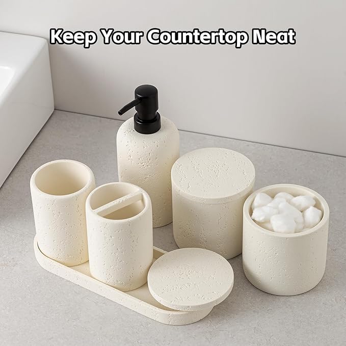 Bathroom Accessories Set, Travertine Stone-Look, 6 PCS Bathroom Accessory Set with Soap Dispenser, Toothbrush Holder, Tumbler, Vanity Tray, Cotton Swab Jars for Countertop (Off White 6 PCS)
