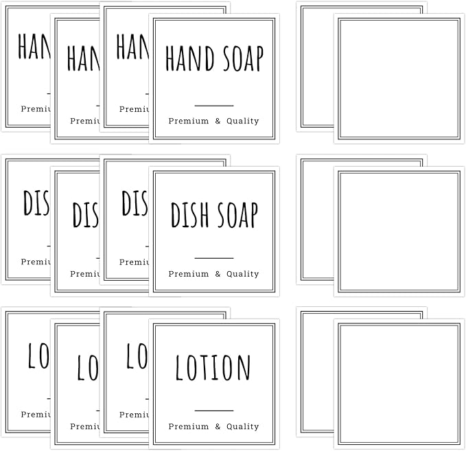 Segbeauty 18pack Waterproof Soap Labels, Farmhouse Kitchen Bathroom Organization Labels, 2.5in Reusable Removable Cleaning Hand Soap Dispenser Stickers for 10oz 16oz 32oz Plastic or Glass Bottles