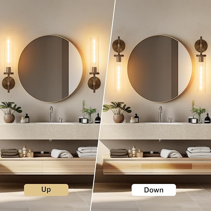19.5" Knurled Bronze Wall Sconces Set of 2, Bathroom Vanity Light Fixtures with Clear Glass Tube, Modern Lamp Lighting for Bedroom, Living Room, Hallway, Staircase, Mirror, Kitchen