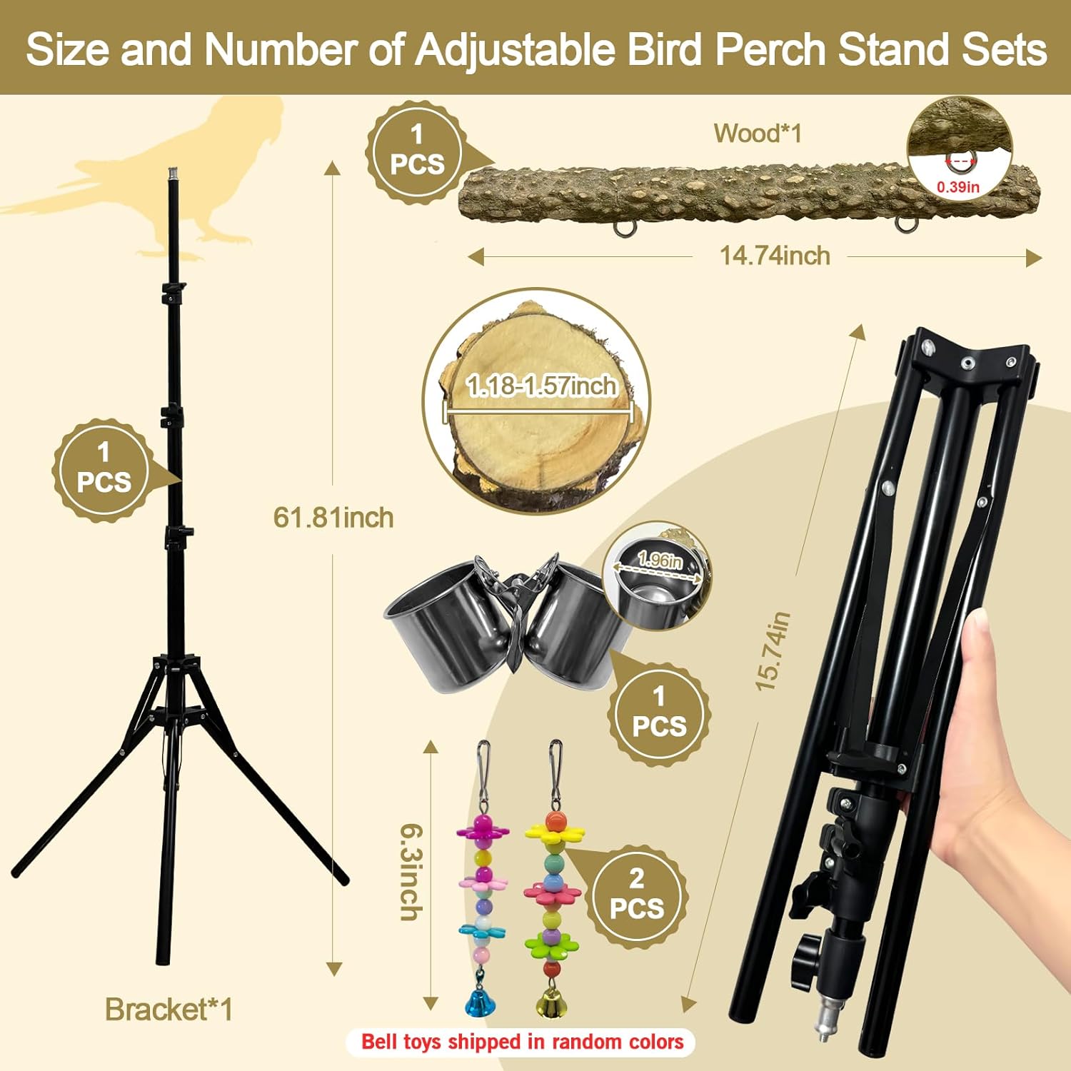 16-63 Inch Height Adjustable Bird Perch Pepper Wood Parrot Training Perch Stand with Feeding Cups and Swing Toy Parakeet Perches Indoor and Outdoor Parrot Stands for Small to Medium Bird