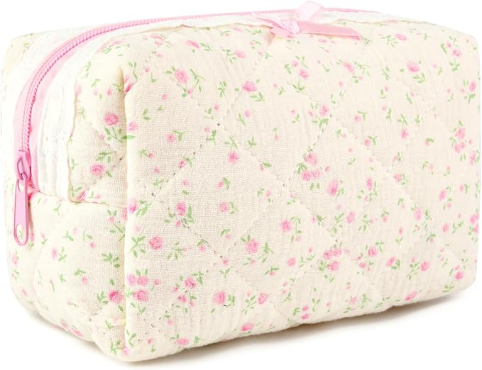 SOIDRAM Floral Makeup Bag Small Quilted Cosmetic Bag Cute Makeup Pouch Coquette Makeup Bag Aesthetic Travel toiletry bag Organizer Cotton Makeup Brushes Storage Bag for Women (Vintage Flora -S)