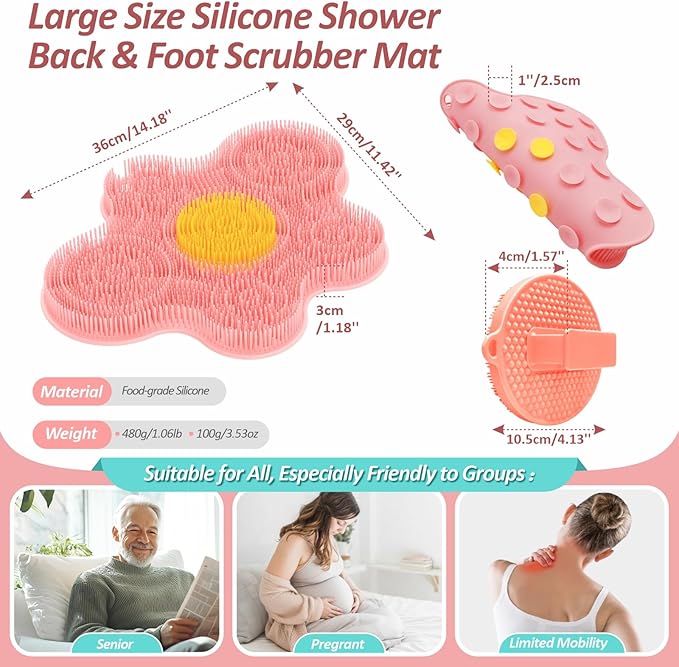 Upgrade Silicone Shower Foot Scrubber Mat & Silicone Body Scrubber Set, Large Wall-Mounted Back Scrubber Back Washer to Clean, Exfoliate and Massage Without Bending(Pink+Body Scrubber)