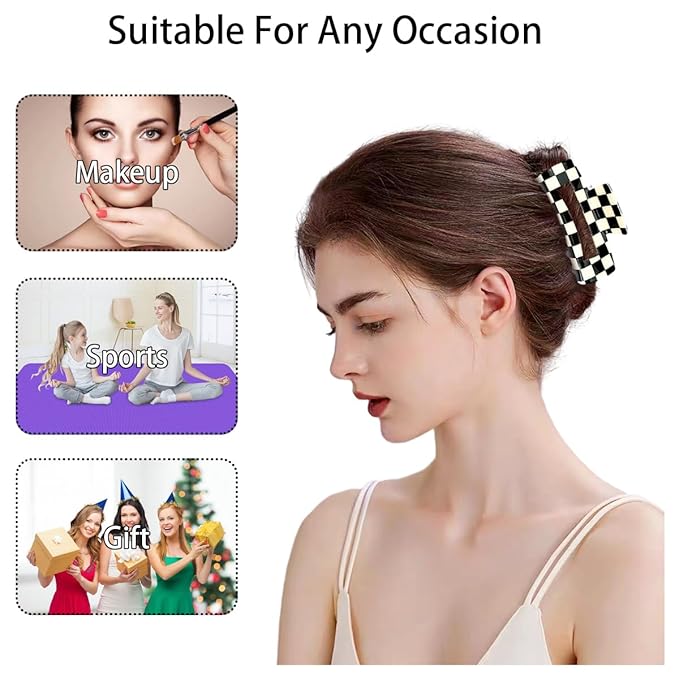 2 PCS Checkered Hair Claw Clips Square Checker Barrettes Cute Non Slip Hair Jaw Clips Strong Hold Rectangle Hair Claw Multicolored Plaid Vintage Check