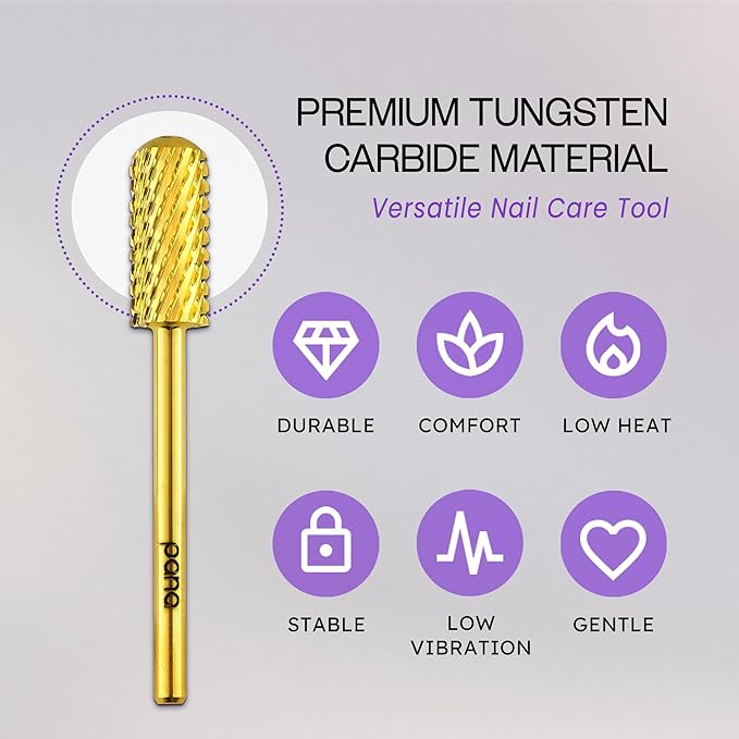 PANA 3/32" Shank Size Smooth Top Small Barrel Carbide - Nail Drill Bit for Dremel Machine Manicure Pedicure Nail Salon Tools Gel Polish & Acrylics Removal (Gold, Extra Coarse)