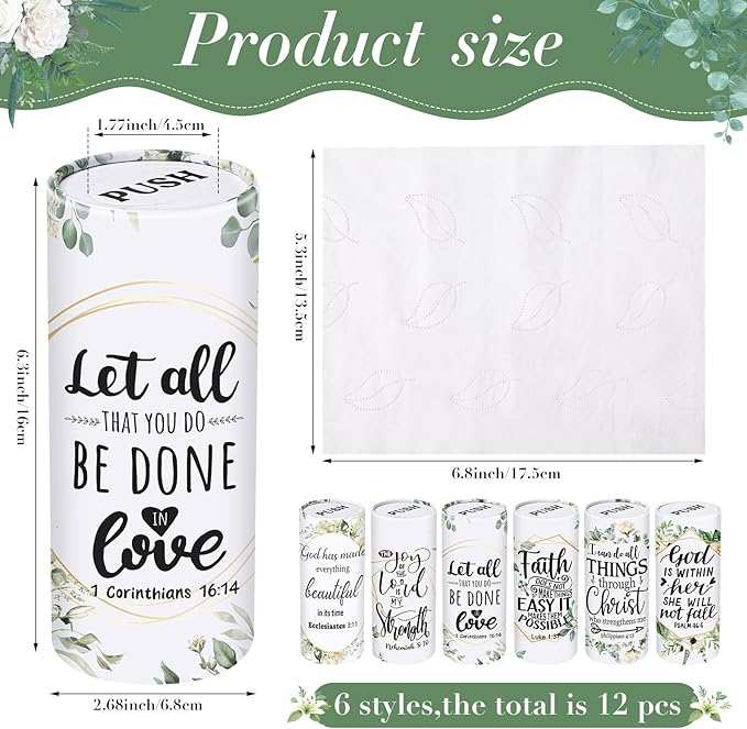 Outus 12 Pcs Greenery Christian Car Tissues Cylinder Holder with 3 Ply Facial Tissue Bulk Eucalyptus Leaves Religious Tissue Holder Travel Tissues Boxes Container for Home Wedding Party Supplies