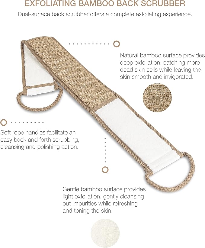 Eurow Beauty Bamboo Back Scrubber, Dual-Sided Exfoliating and Cleansing Shower Strap with Looped Handles, Gentle for All Skin Types, Reusable for Daily Spa-Like Bath Experience, 2-Pack
