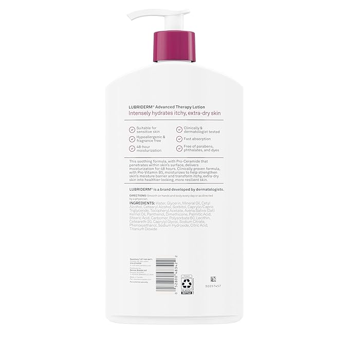 Lubriderm Advanced Therapy Fragrance-Free Moisturizing Hand & Body Lotion + Pro-Ceramide, Intense Hydration for Itchy, Extra Dry, & Sensitive Skin, Non-Greasy, Hypoallergenic, 32 fl. oz